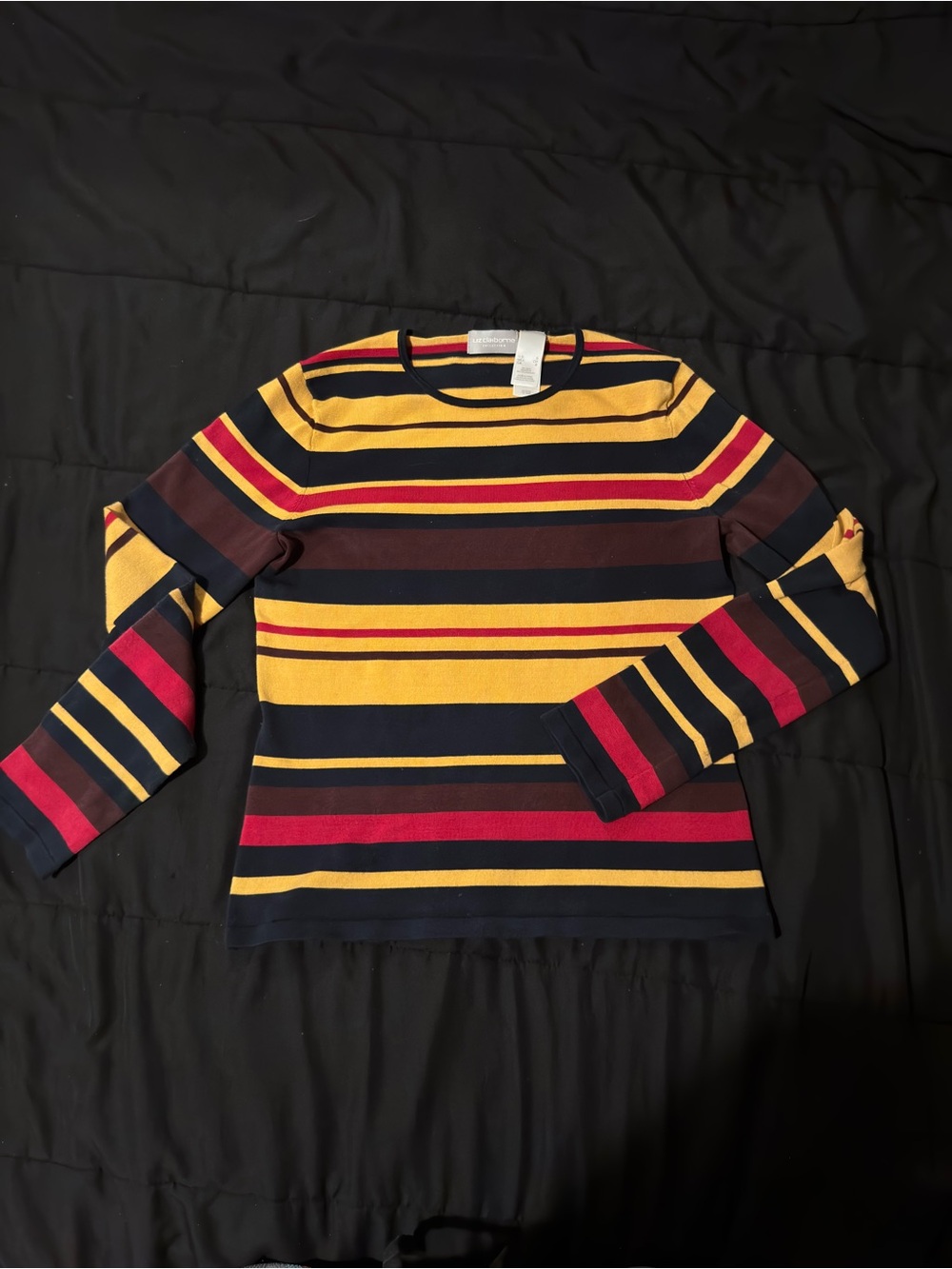 Liz Claiborne Striped Crewneck Sweater in Yellow, Navy & Red